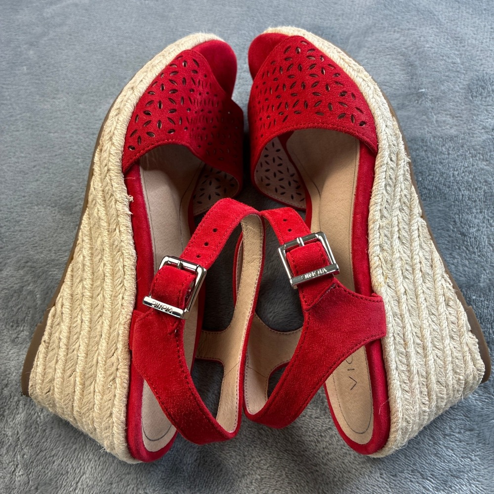 Vionic Ariel Red Suede Laser Cut Espadrille Wedge Sandals Womens 8M VS387 - Picture 11 of 16